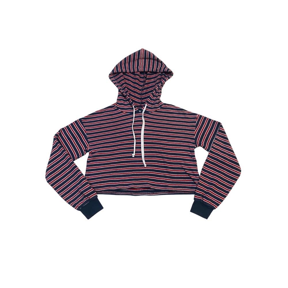 American Eagle Striped Cropped Hoodie Red White Navy Blue XS Soft Pullover